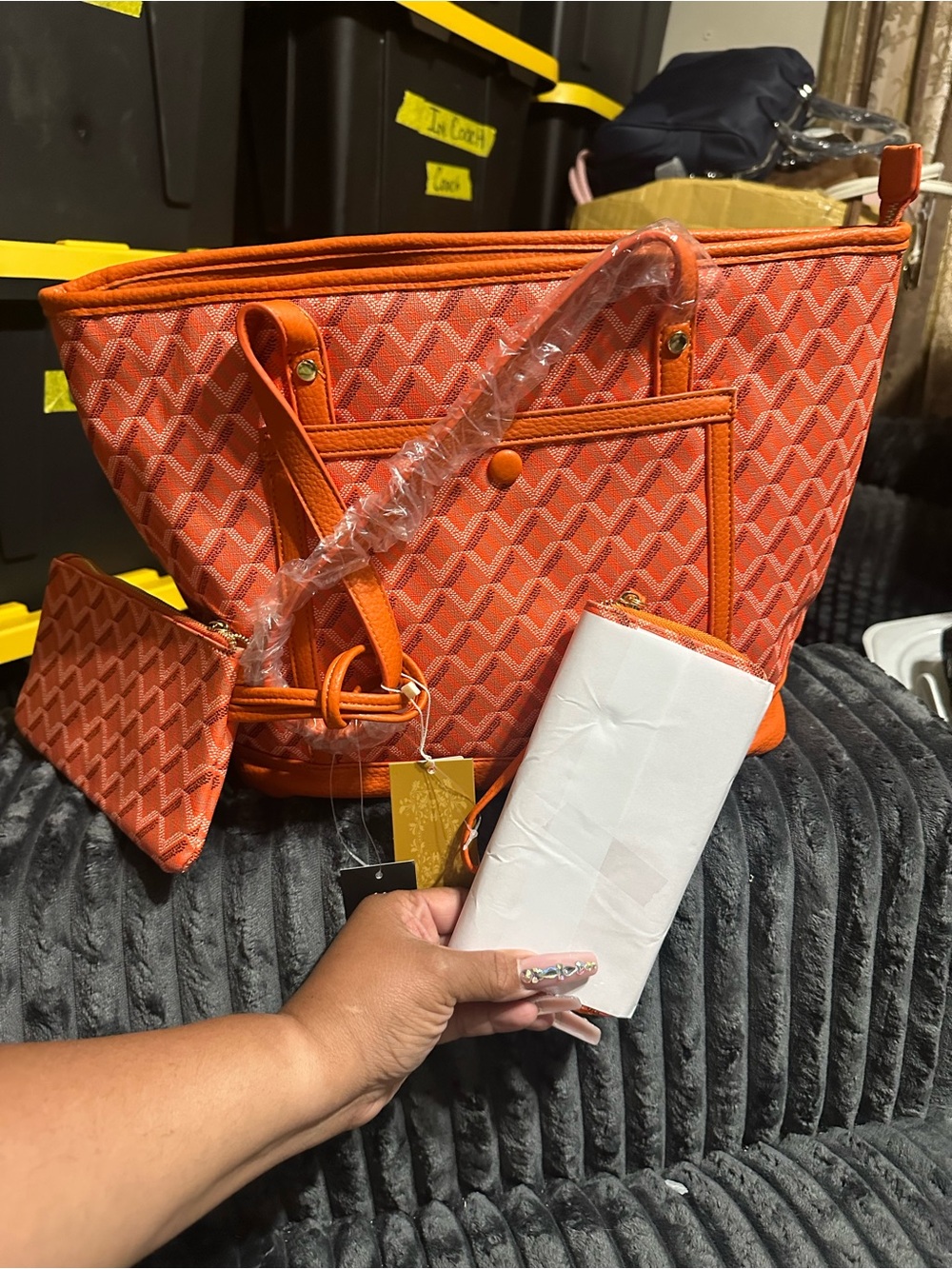3 PC Orange Geometric Tote Bag with Matching Wristlet and Wallet